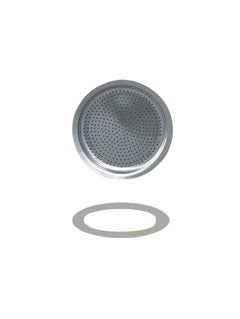 Turbo Moka 3-cup perforated aluminium filter plate and its silicone gasket on a white background