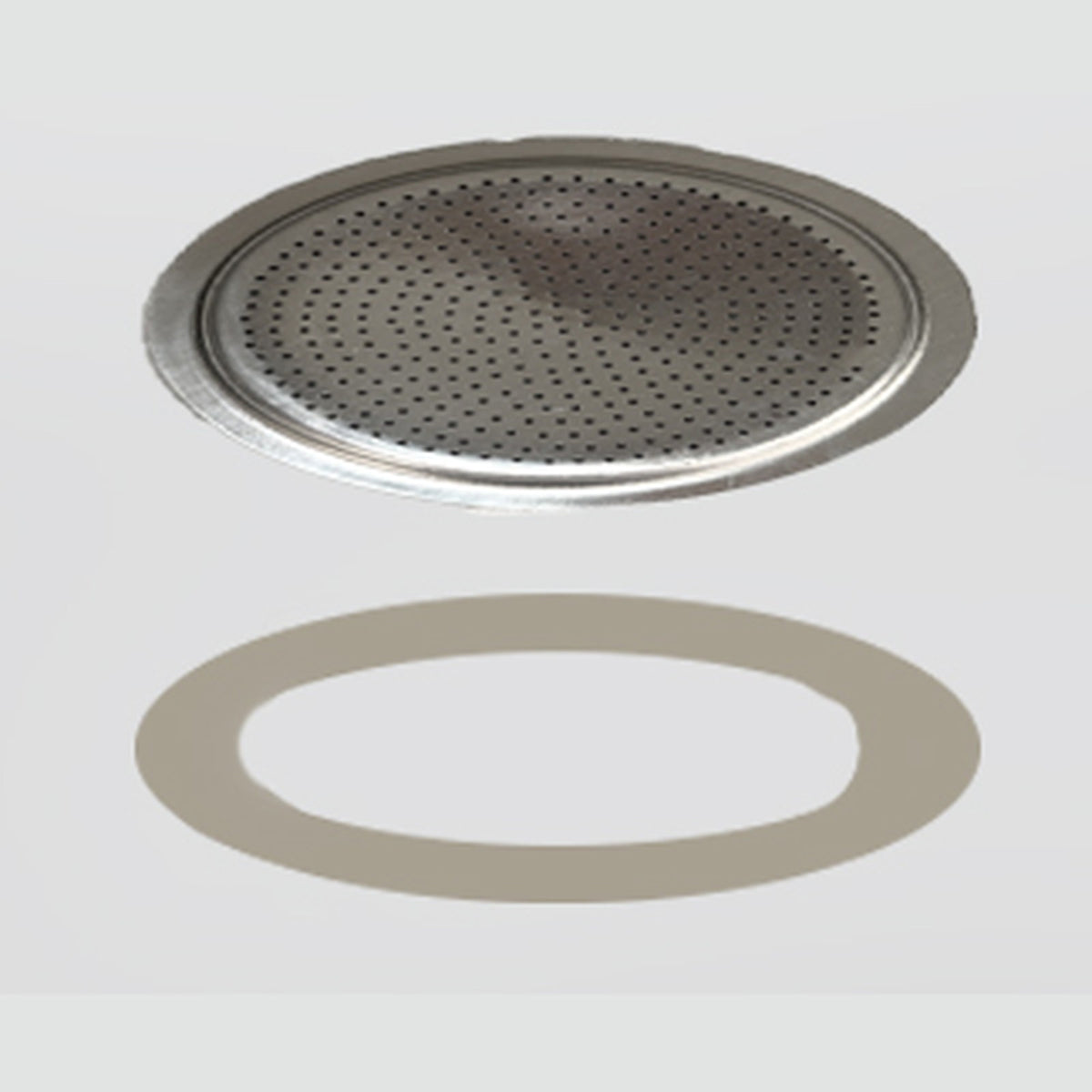 Turbo Moka 3-cup perforated filter plate and silicone gasket, shown separately against a light grey background