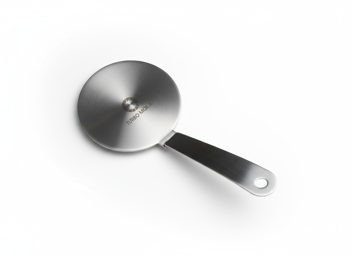 Turbo Moka stainless steel induction adapter disk with its flat removable handle tab, on a white background