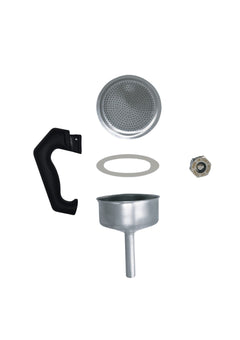 The Turbo Moka 3-cup spare parts laid out separately: perforated filter plate, silicone gasket, black handle, aluminium funnel and safety valve
